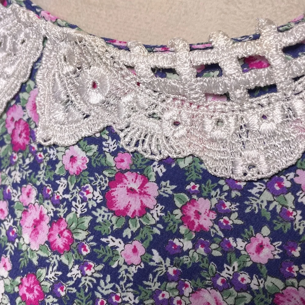 Vintage KSL Floral Midi Dress Crochet Collar Pink & Blue 3/4 Sleeve Size 20 - Picture 3 of 13